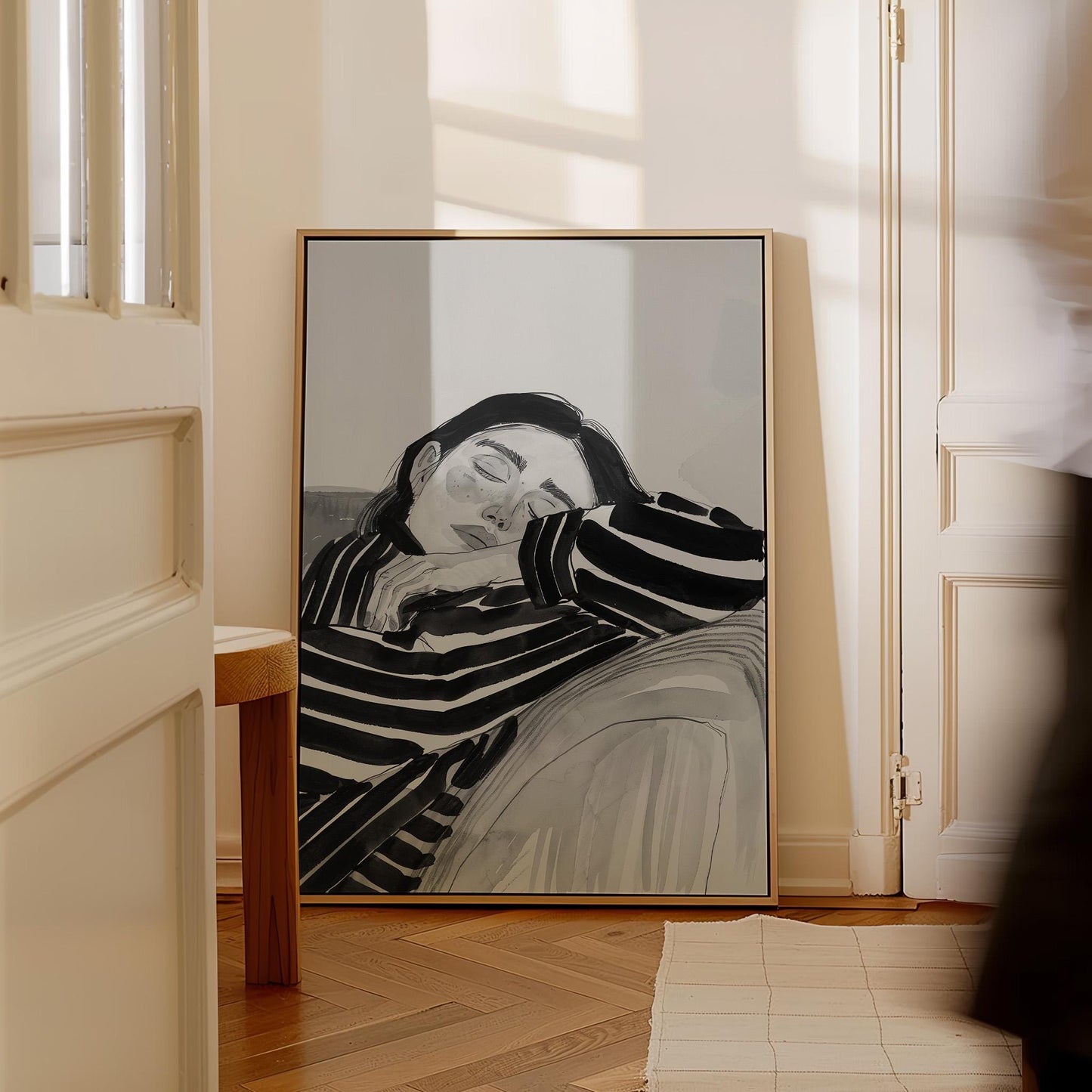 Figurative Canvas Wall Art Woman Resting in Black and White Striped Shirt Modern Framed Painting