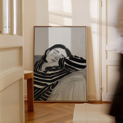 Figurative Canvas Wall Art Woman Resting in Black and White Striped Shirt Modern Framed Painting