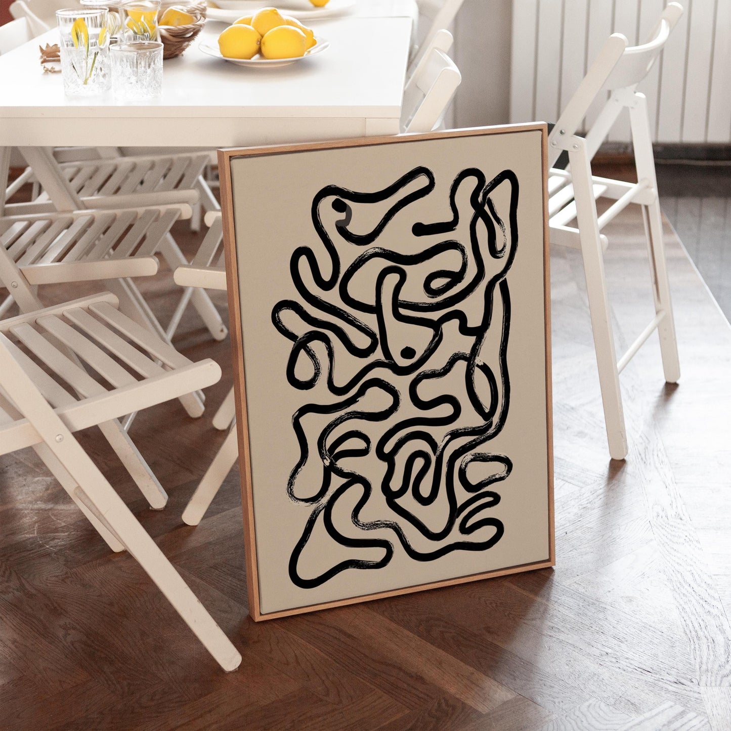 Minimalist Canvas Art – Black and White Abstract Line Art Print with Floating Frame