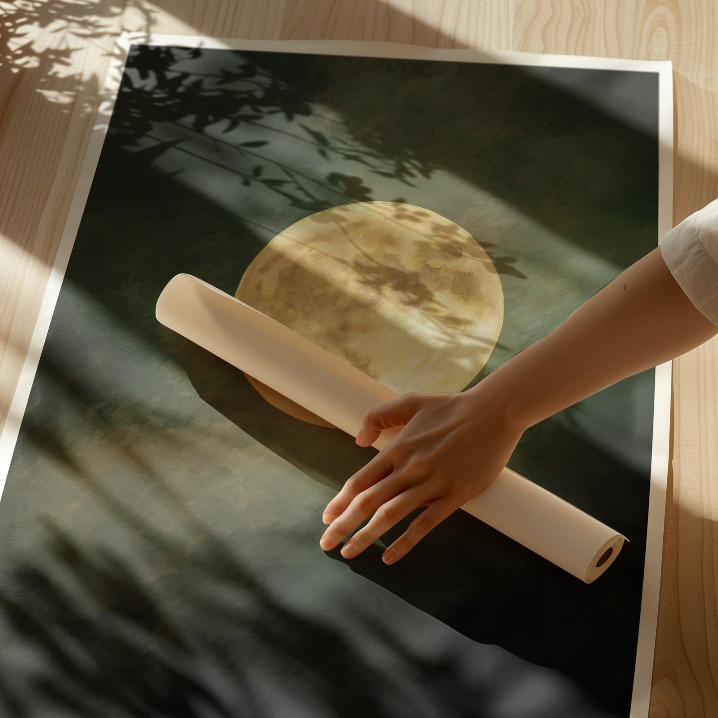 Emerald Green Moon Art | Minimalist Wall Art with Golden Circle Print - Gallery Style Canvas