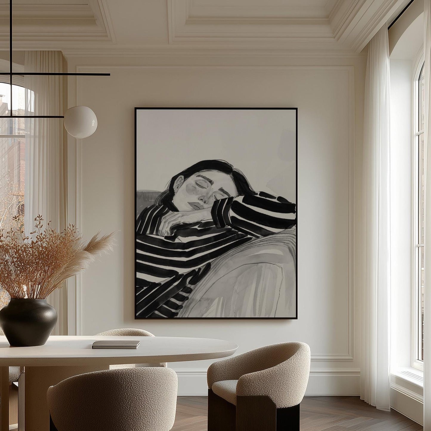 Figurative Canvas Wall Art Woman Resting in Black and White Striped Shirt Modern Framed Painting