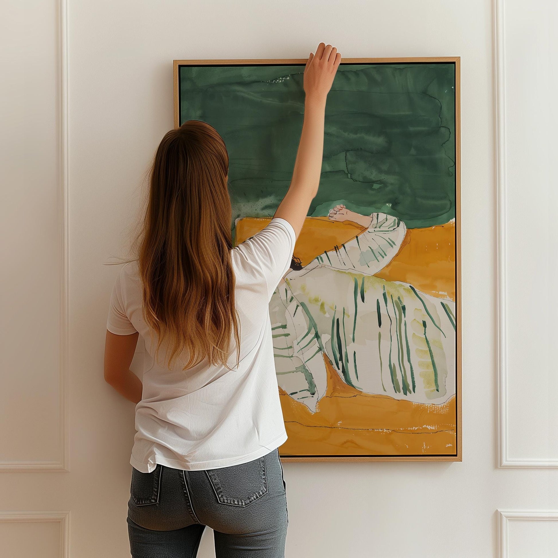 Green and Yellow Figurative Canvas Wall Art with Floating Frame Relaxing Modern Painting for Living Room Decor