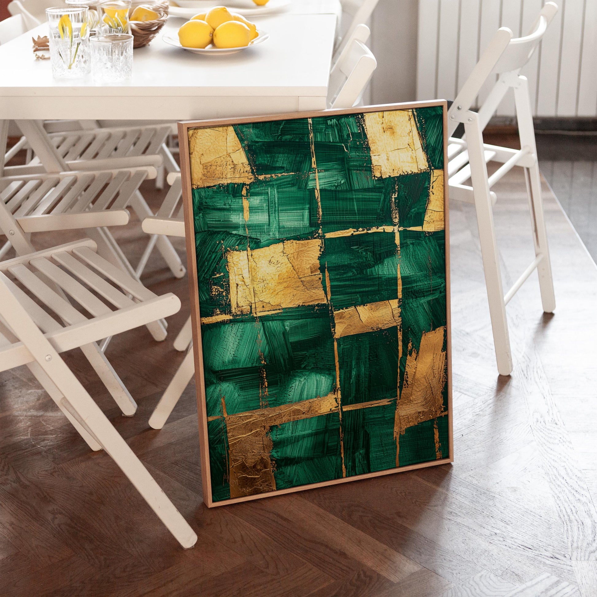 Emerald Green and Gold Abstract Canvas Print, Modern Giclée Wall Art for Dining Room or Elegant Living Space