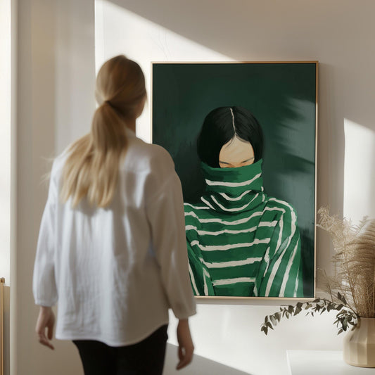 Woman Turtleneck Canvas | Modern Green Portrait on Cotton Canvas Print - Floating Wood Frame