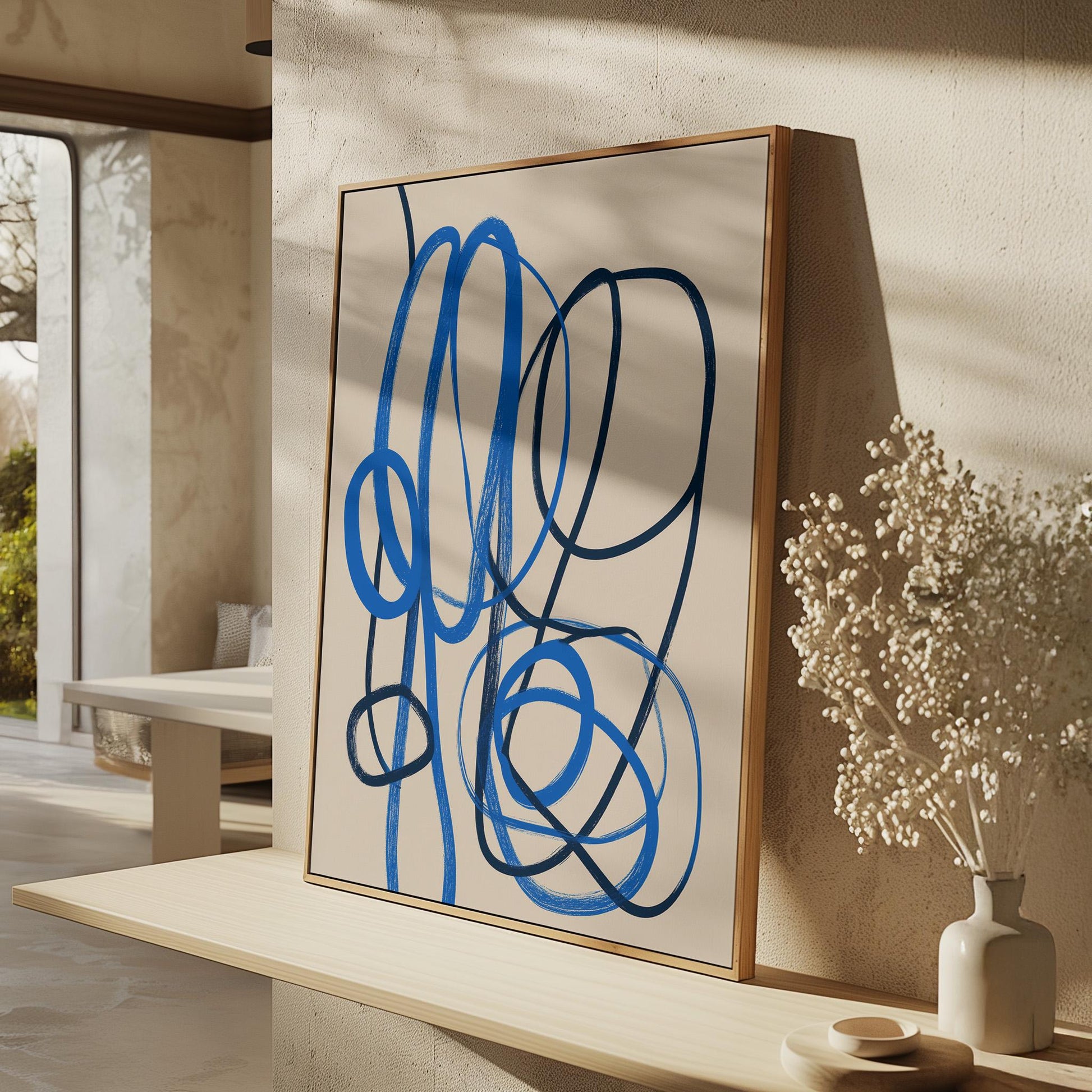 Blue Abstract Line Giclée Canvas Print Modern Minimal Wall Art for Living Room or Office Interior