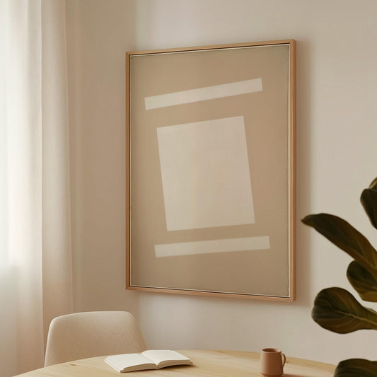 a minimalist interior design with a large abstract painting hanging on the wall, a white chair in the foreground, and a small table with a book and a mug on it.