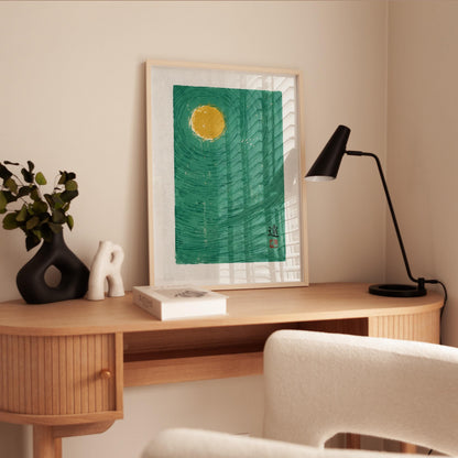 Teal Moon Art Print – Minimalist Japanese Poster with Birds and Zen Decor