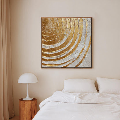 Gold White Canvas Art – Textured Canvas Painting with Floating Wood Frame, Modern Wall Decor
