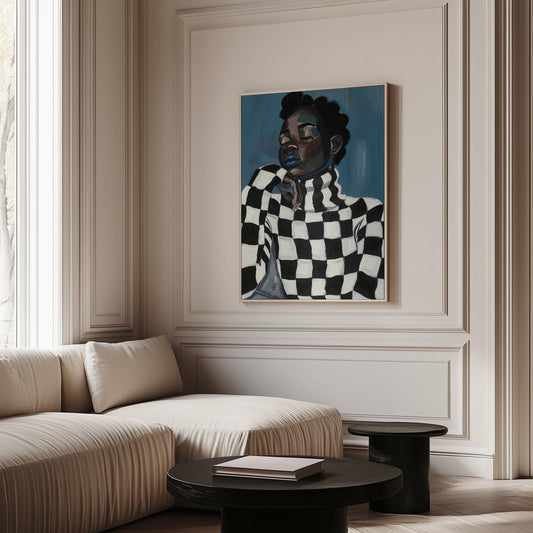 Modern Portrait Wall Art Black Woman in Checkered Sweater Canvas Print Contemporary Artwork for Living Room Bedroom Office