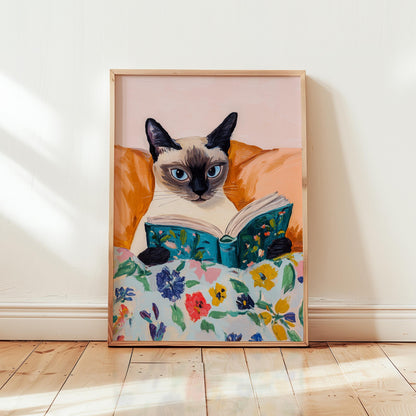 Cat Wall Art – Siamese Cat Print with Floral Reading Nook Decor, Cozy Home