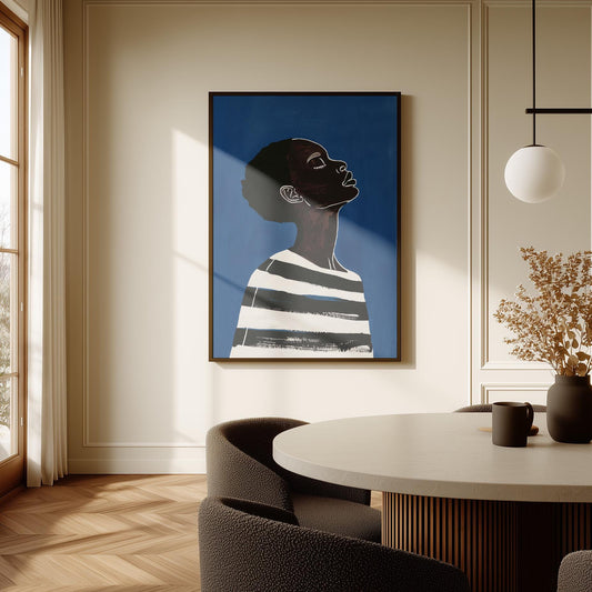 Modern Woman Wall Art Blue Canvas Print Abstract Minimalist Black White Stripes Large Living Room Bedroom Decor