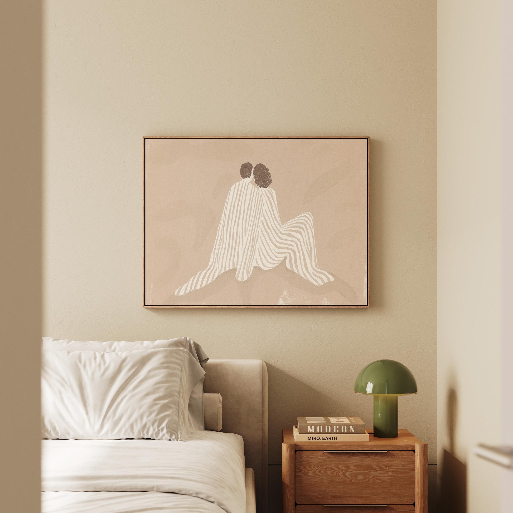 Giclée Canvas Print Beige Couple Embrace Line Art Minimalist Neutral Wall Decor for Bedroom or Living Room Modern Abstract Romance