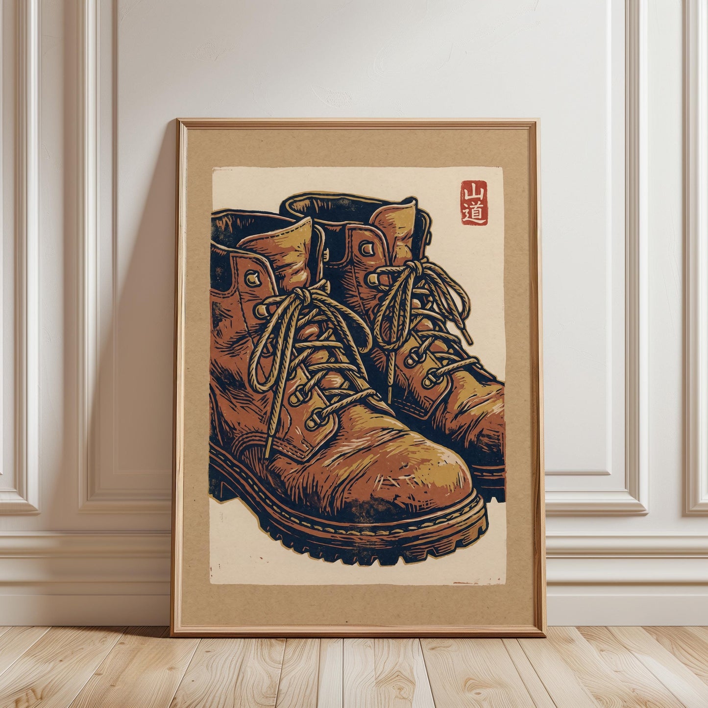 Hiking Boots Wall Art - Vintage Woodblock Print Poster with Earthy Tones