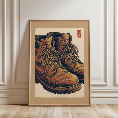 Hiking Boots Wall Art - Vintage Woodblock Print Poster with Earthy Tones