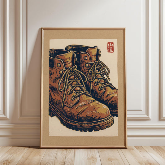 Hiking Boots Wall Art - Vintage Woodblock Print Poster with Earthy Tones
