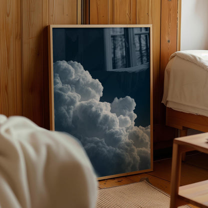 Deep Blue Night Sky Cloud Wall Art – Minimalist Wall Decor with Sustainable Wood Frame