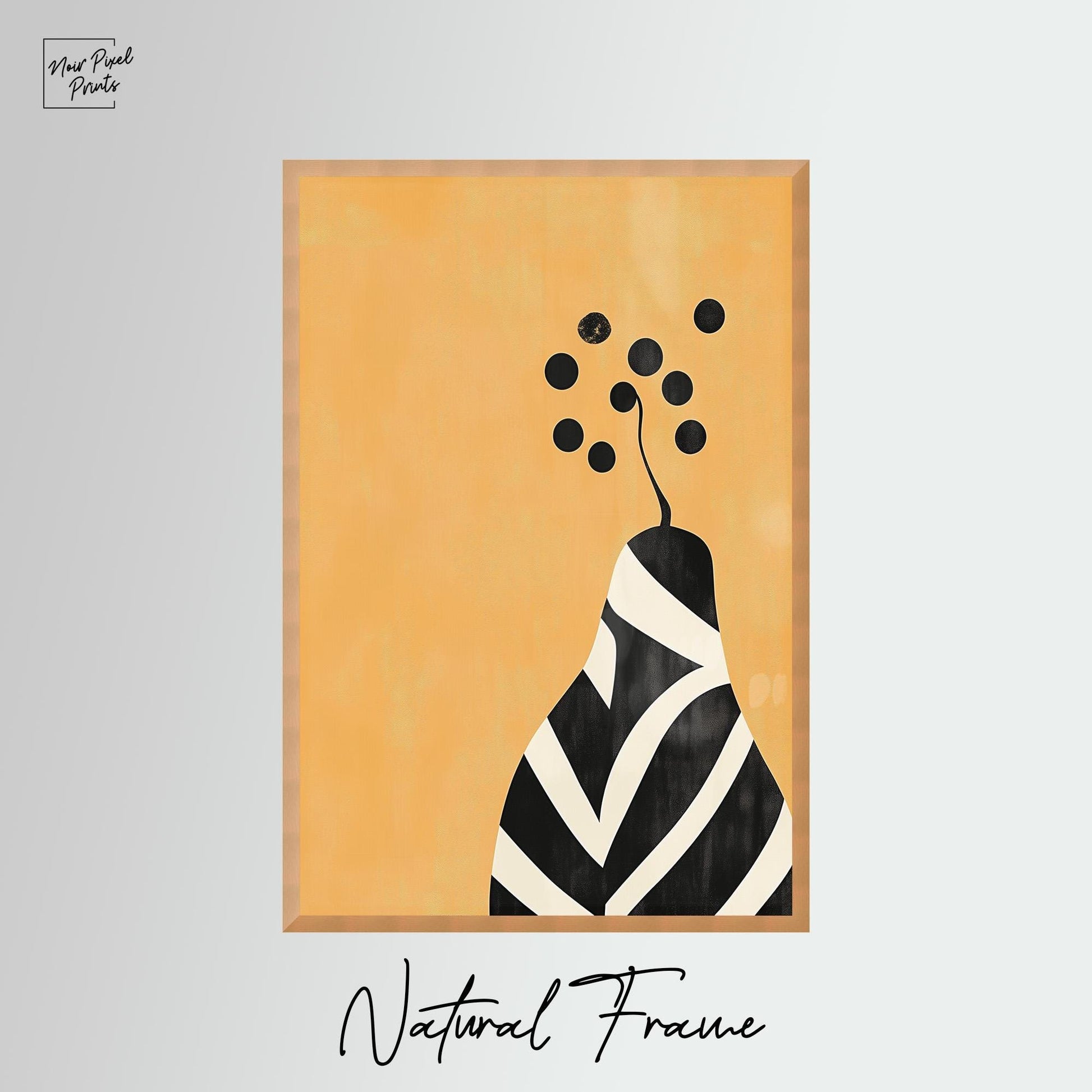 The image is a square-shaped artwork with a black and white zebra-like pattern on a yellow background.