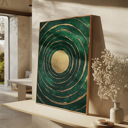 Emerald Gold Circle Canvas Art, Abstract Textured Painting, Modern Giclée Wall Art for Living Room or Office, Luxury Home Decor