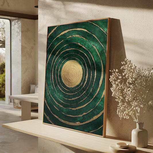 Emerald Gold Circle Canvas Art, Abstract Textured Painting, Modern Giclée Wall Art for Living Room or Office, Luxury Home Decor