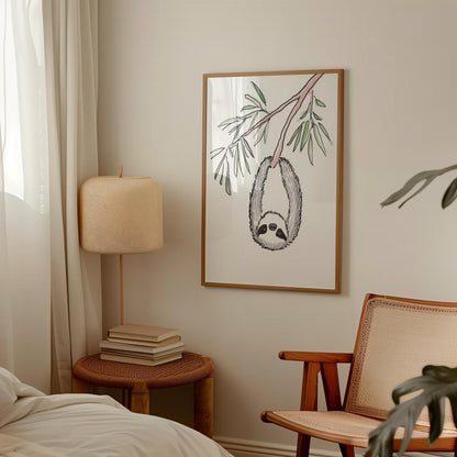 Sloth Watercolor Print – Nursery Wall Art with Eucalyptus Branch & Cute Animal Decor