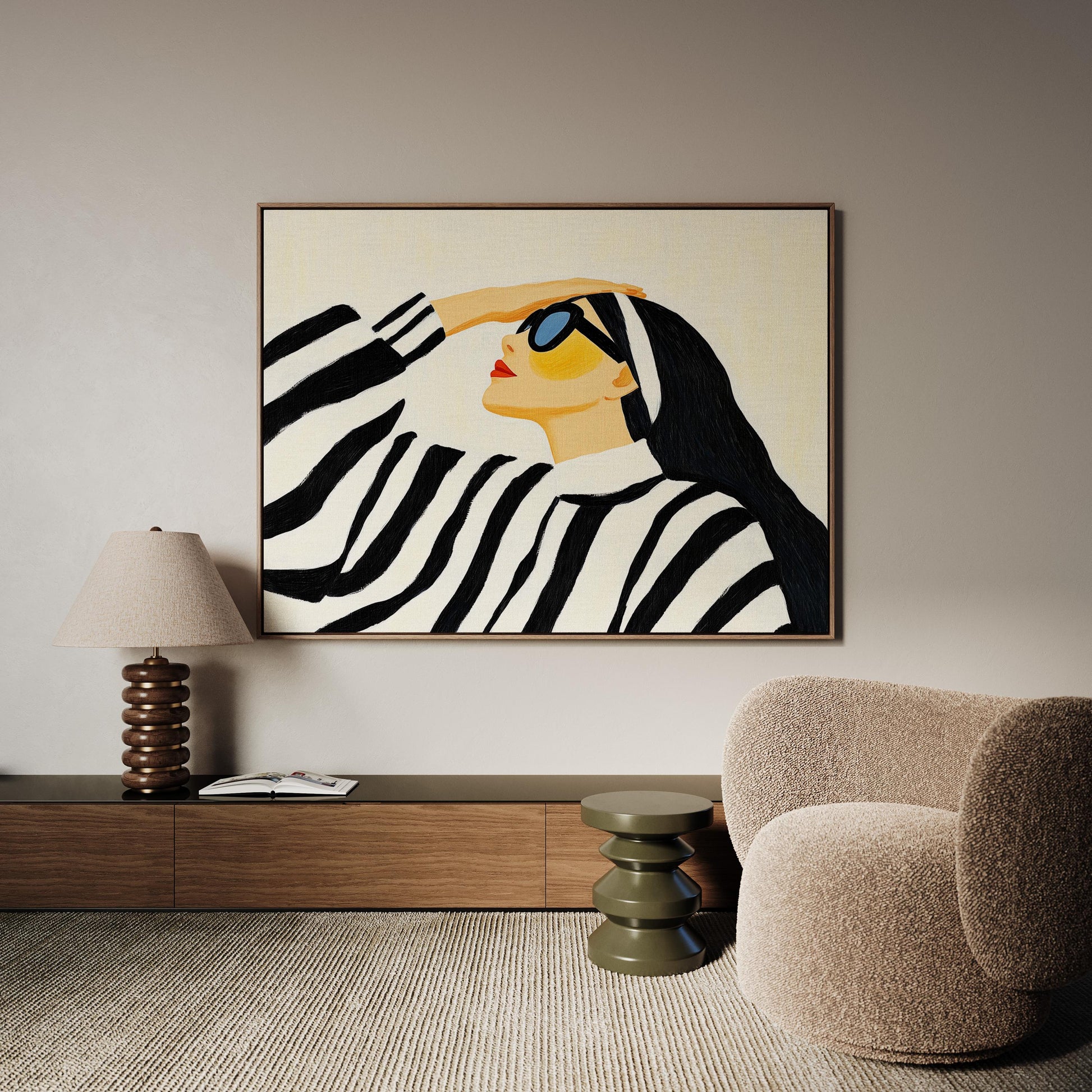Stylish Woman in Striped Sweater Giclée Canvas Print Modern Fashion Wall Art for Living Room or Bedroom