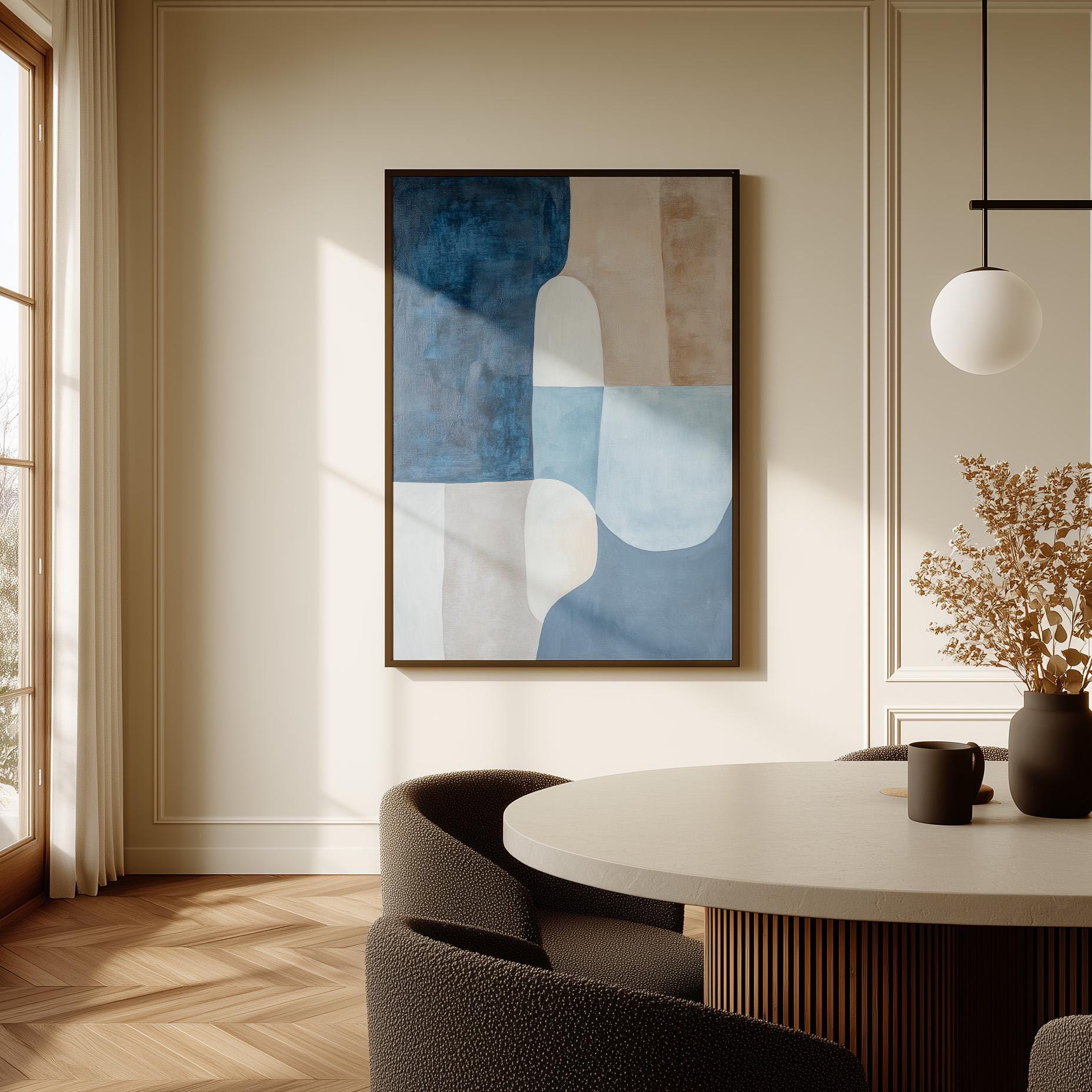 Blue Beige Abstract Canvas Art with Floating Frame
