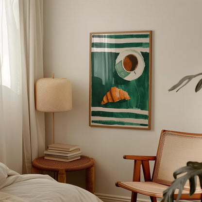 Coffee and Croissant Poster - Cozy Kitchen Wall Art With Emerald Green Stripes