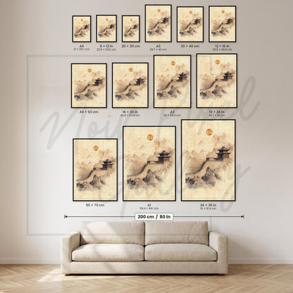 Vintage Wall Poster – Sepia Mountain Print With Asian Pagoda Art & Nostalgic Tones