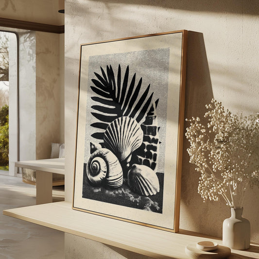 Seashell Botanical Canvas Art Black and White Ocean Print for Coastal Living Room or Bathroom, Minimal Nature Wall Decor