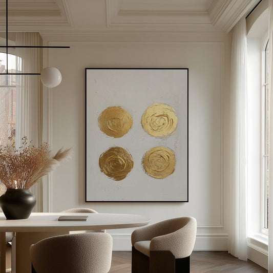 Gold Circle Textured Canvas Art Minimal Abstract Painting in White and Beige, Modern Luxury Wall Decor for Living Room or Office