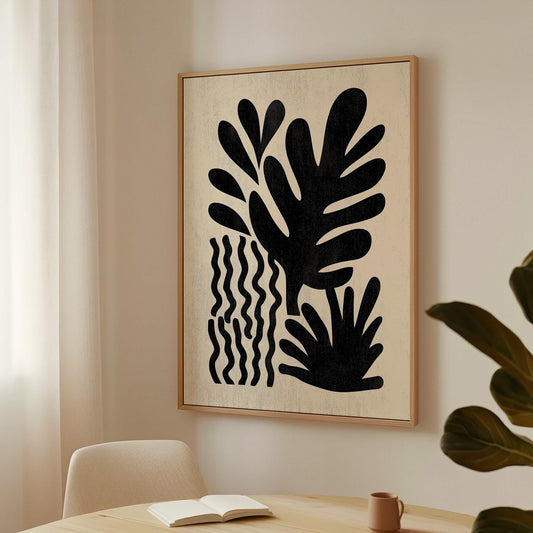 Black Botanical Canvas Art Modern Minimal Leaf Print for Living Room or Hallway, Abstract Nature Wall Decor