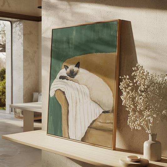 Siamese Cat Wall Art Cozy Minimalist Animal Print Relaxing Pet Canvas Large Artwork for Bedroom or Living Room Decor