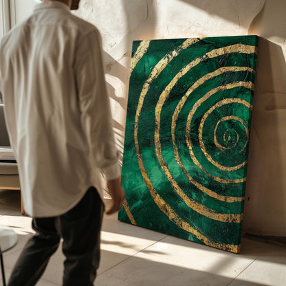 Emerald Green Spiral Giclée Canvas Print with Gold Accents, Modern Textured Abstract Wall Art for Living Room or Office