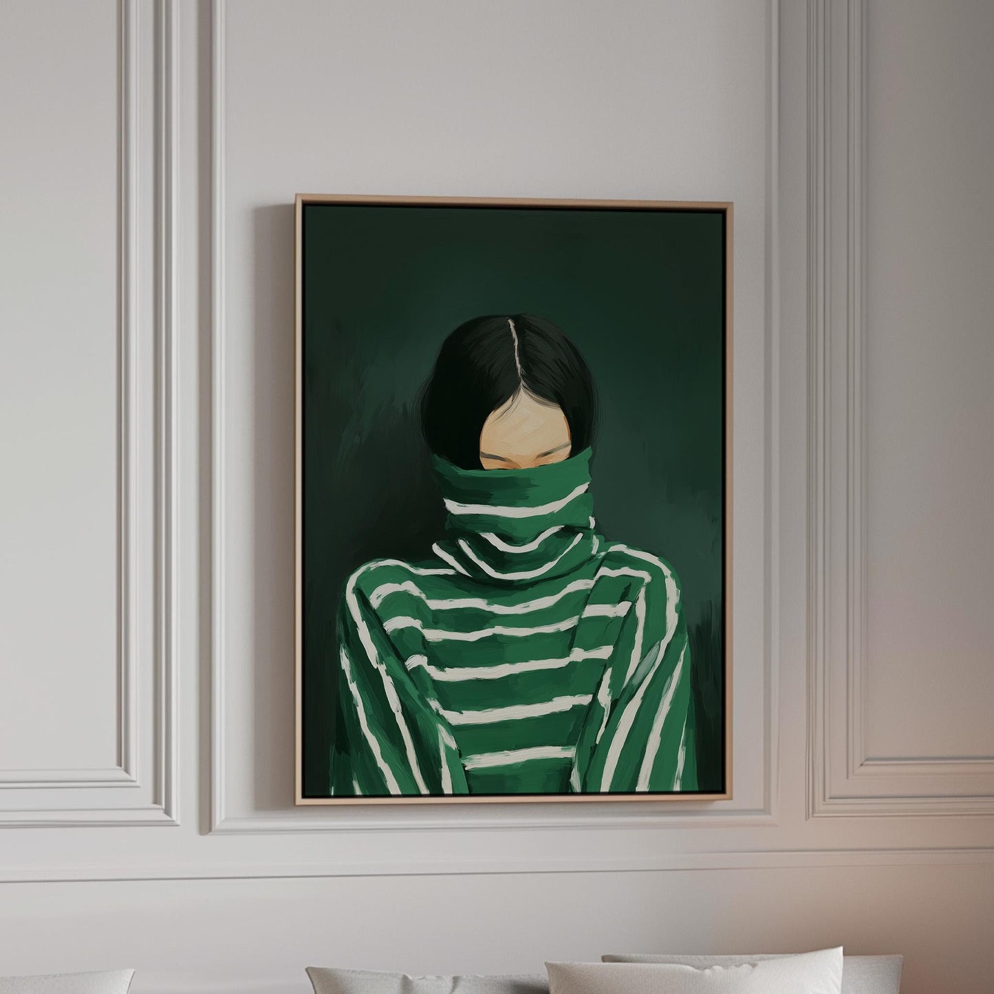 Woman Turtleneck Canvas | Modern Green Portrait on Cotton Canvas Print - Floating Wood Frame