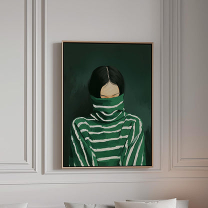 Woman Turtleneck Canvas | Modern Green Portrait on Cotton Canvas Print - Floating Wood Frame