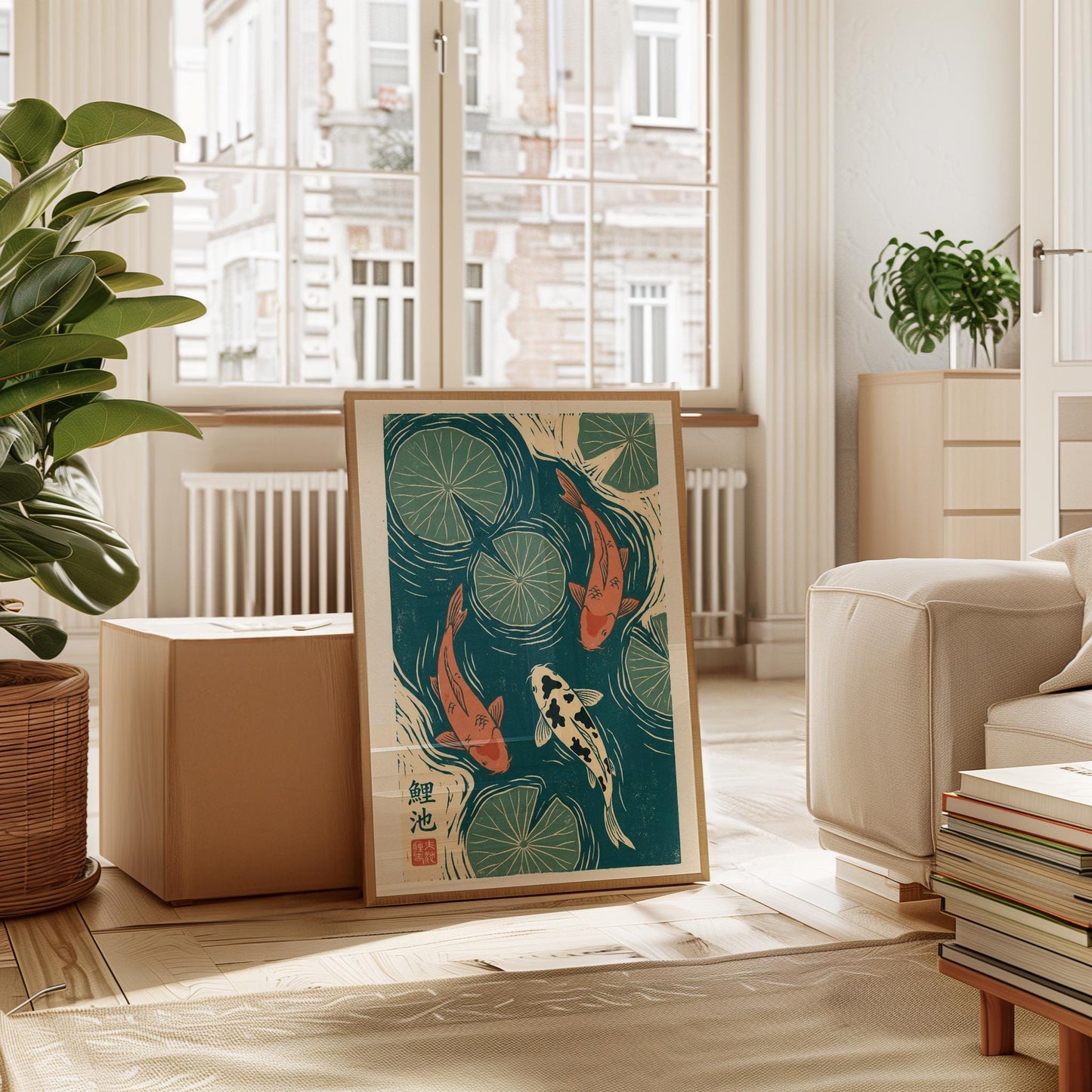 Koi Fish Print Japanese Art Linocut Wall Art – Lotus Leaf Decor in Teal