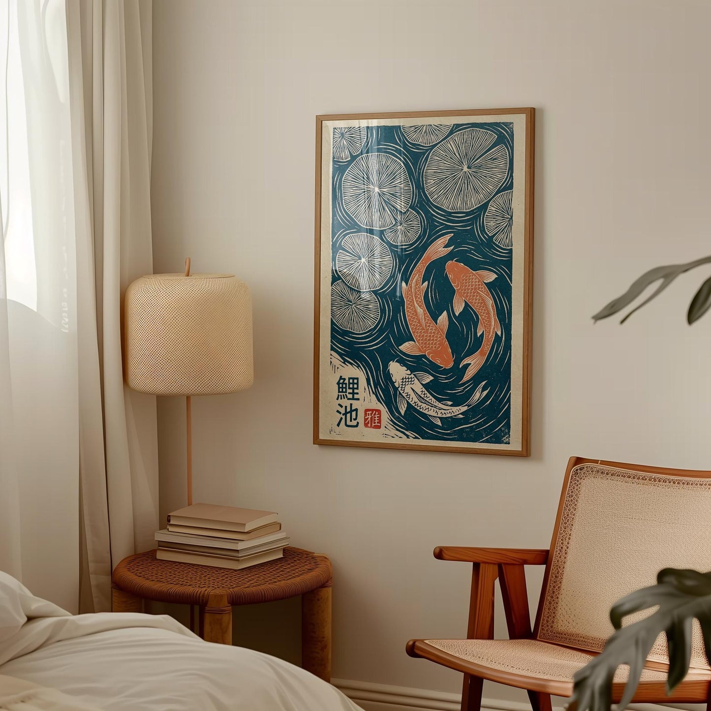 Koi Fish Print – Japanese Art Linocut Poster in Teal Pond Wall Decor