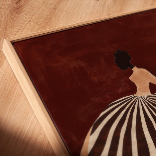 Brown and Beige Figurative Canvas Wall Art with Striped Dress Floating Frame Modern Feminine Print for Living Room