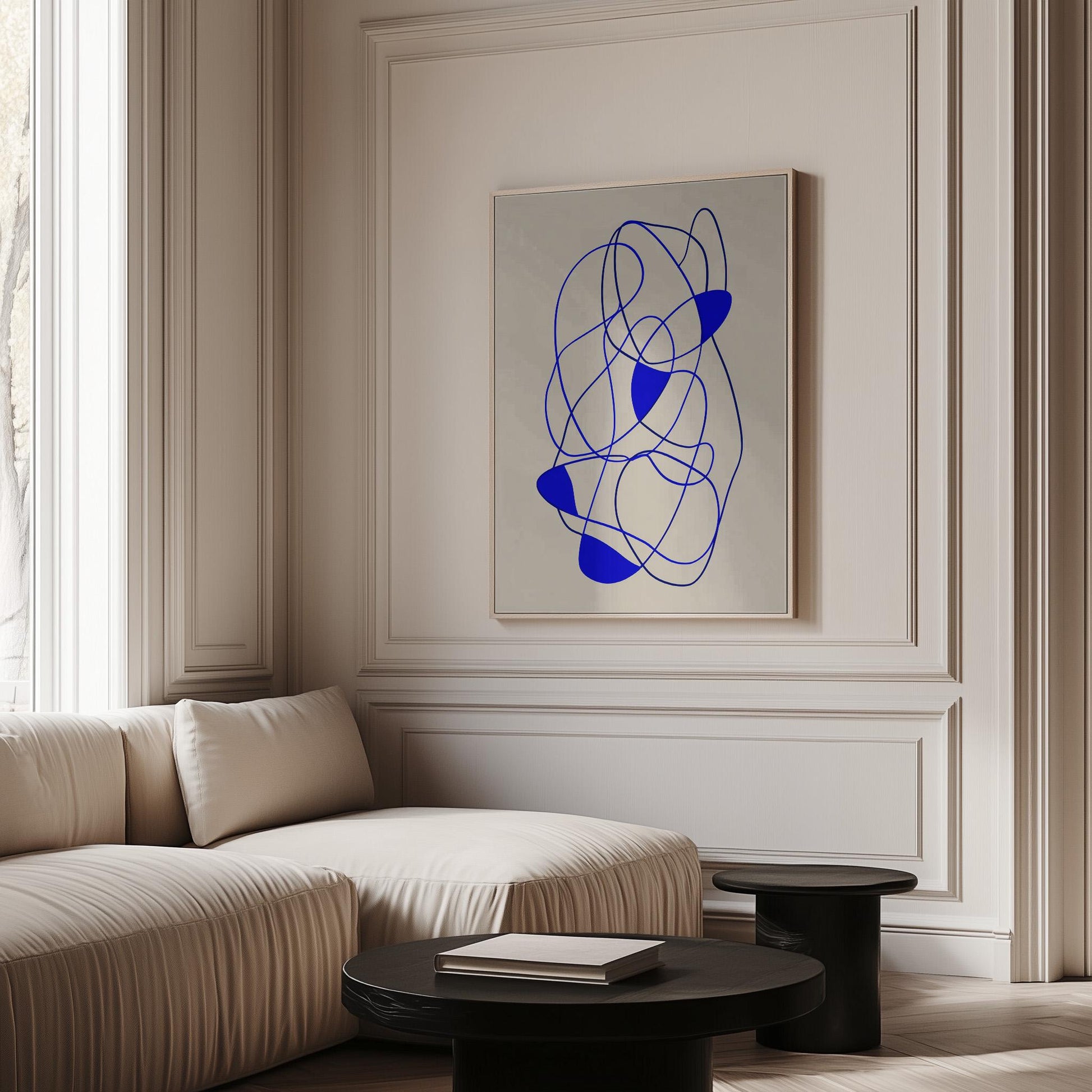 Modern Blue Line Abstract Giclée Canvas Print Minimal Continuous Flow Art for Contemporary Living Room or Office