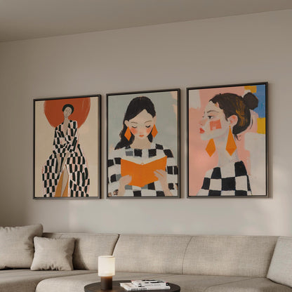 Modern Figurative Canvas Wall Art Set of 3 Women Portrait Prints Bold Checkered Fashion Illustrations for Living Room or Bedroom