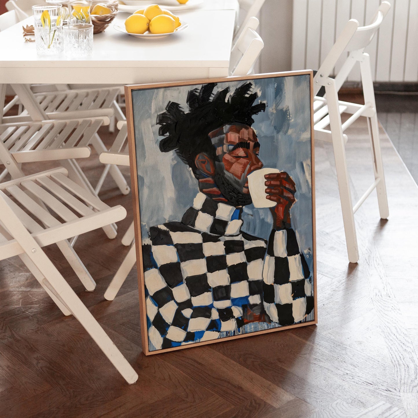 Modern Portrait of Man with Coffee Cup Abstract Wall Art Canvas Print Contemporary Artwork for Living Room Dining Room Office