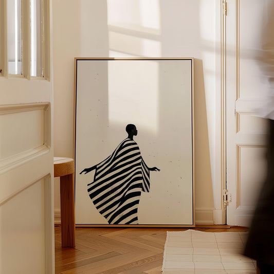Minimalist Silhouette Wall Art Print Black and White Striped Robe Canvas Modern Portrait Large Living Room Bedroom Decor