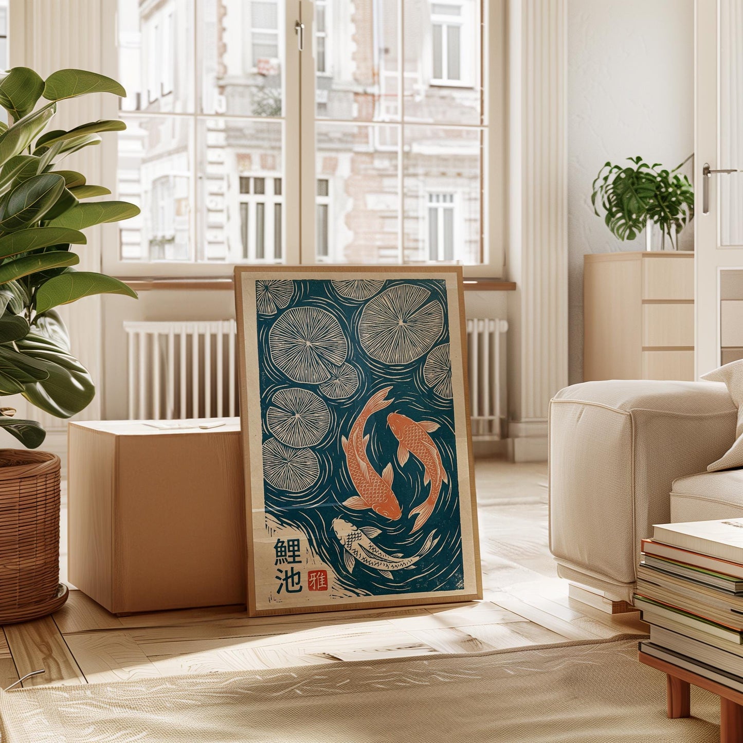 Koi Fish Print – Japanese Art Linocut Poster in Teal Pond Wall Decor