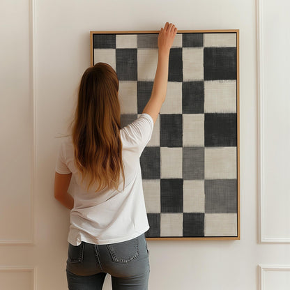Black and White Checkered Canvas Art, Minimalist Abstract Giclée Print, Modern Geometric Wall Art for Living Room or Office Decor