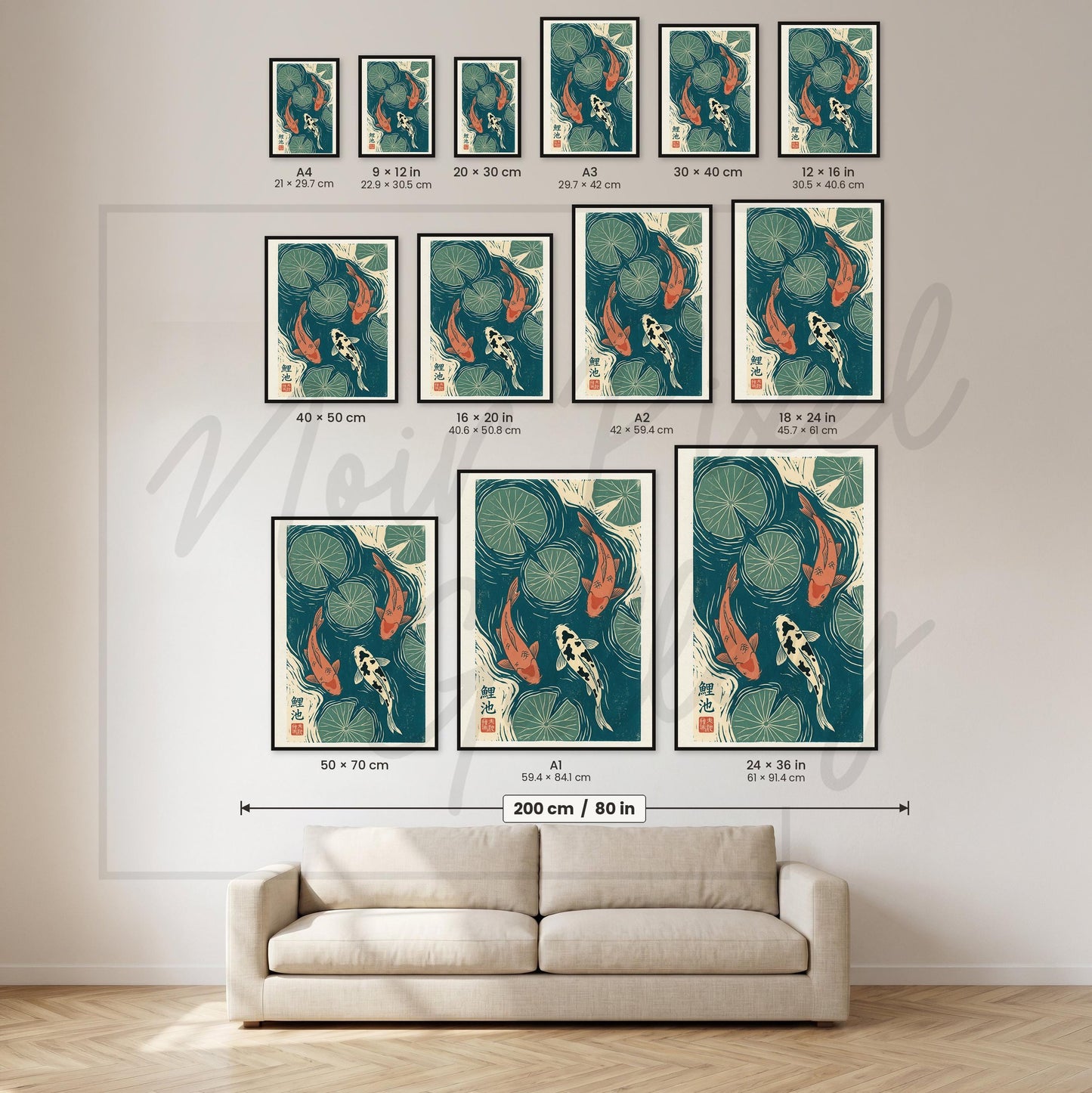 Koi Fish Print Japanese Art Linocut Wall Art – Lotus Leaf Decor in Teal