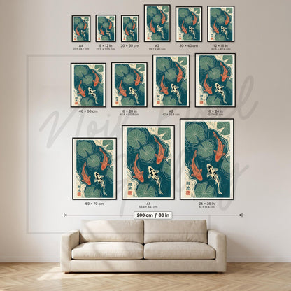 Koi Fish Print Japanese Art Linocut Wall Art – Lotus Leaf Decor in Teal
