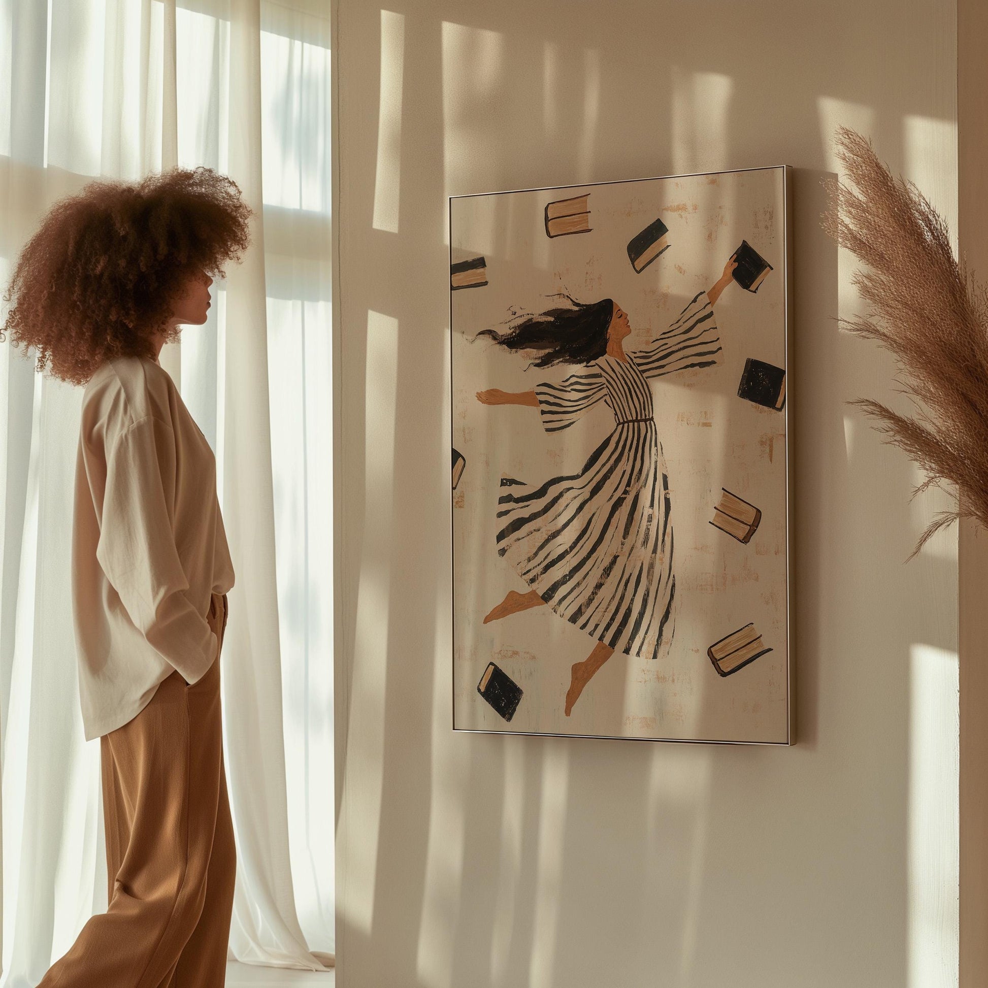Whimsical Woman Reading Canvas Wall Art with Floating Frame Feminine Abstract Figurative Print for Living Room