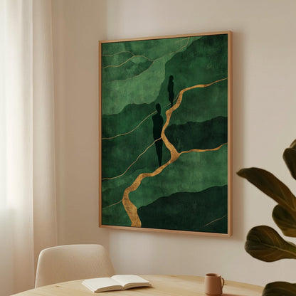 Emerald Green and Gold Canvas Wall Art with Silhouette Figures, Large Framed Painting for Living Room or Office Wall Decor