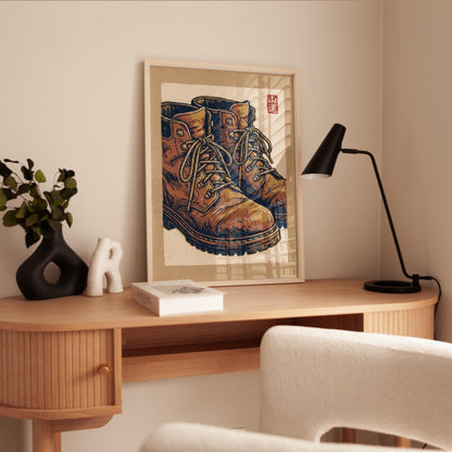 Hiking Boots Wall Art - Vintage Woodblock Print Poster with Earthy Tones