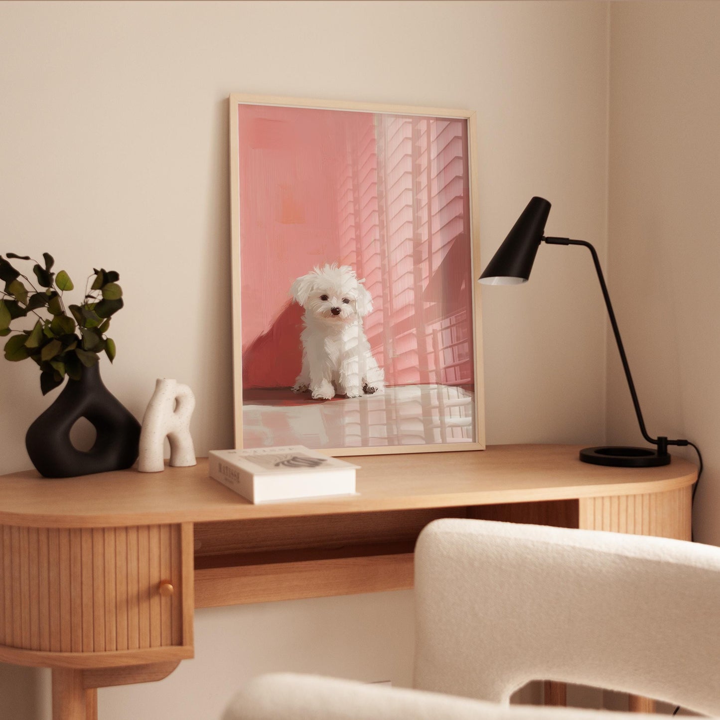 Maltese Puppy Art Print – Pink Blush Nursery Wall Decor | Minimalist Pet Art